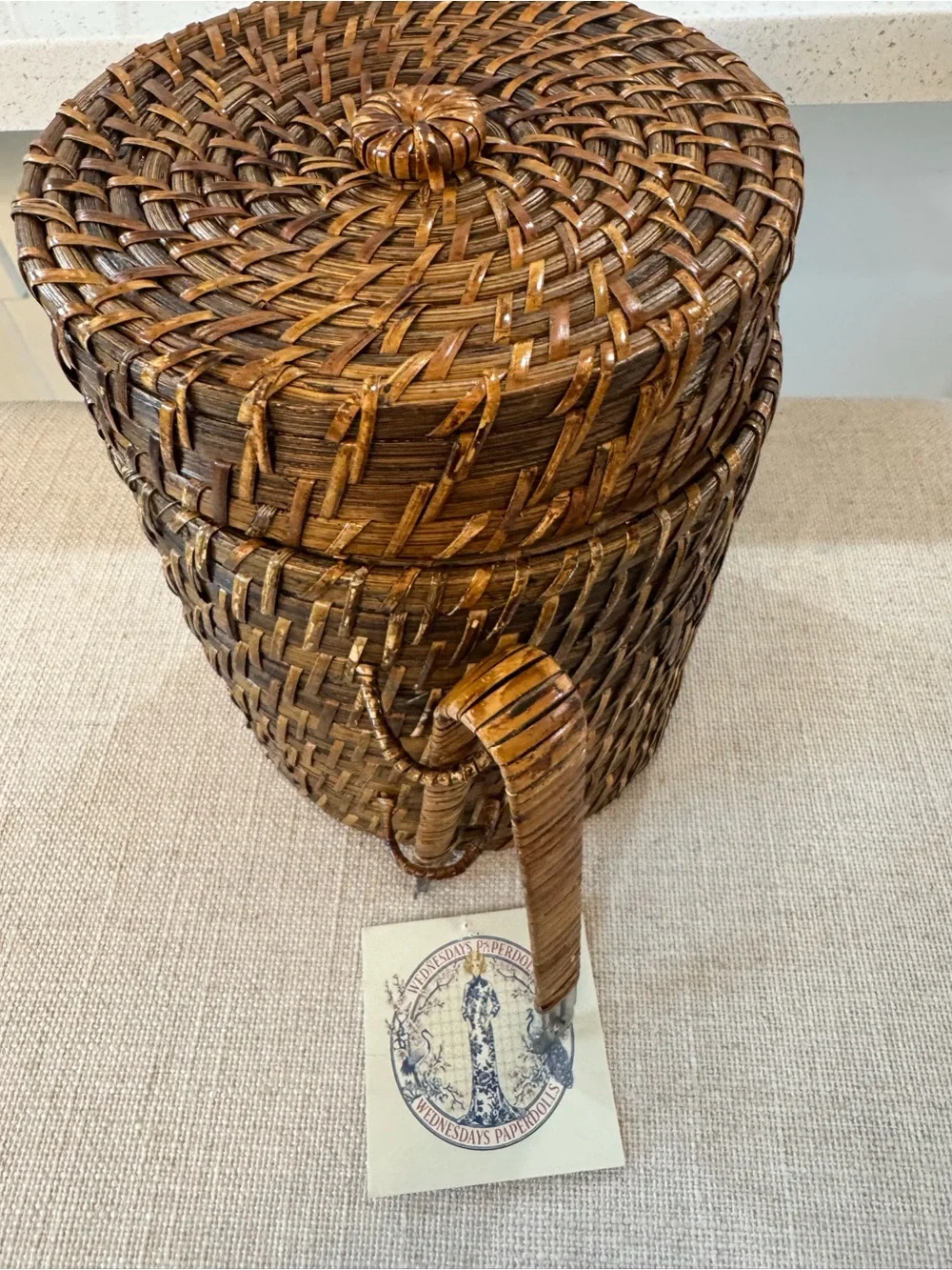 Vintage Rattan Mcm Ice (no) Bucket w Lid & Tongs Wicker Tiki Bar Coastal Barware
